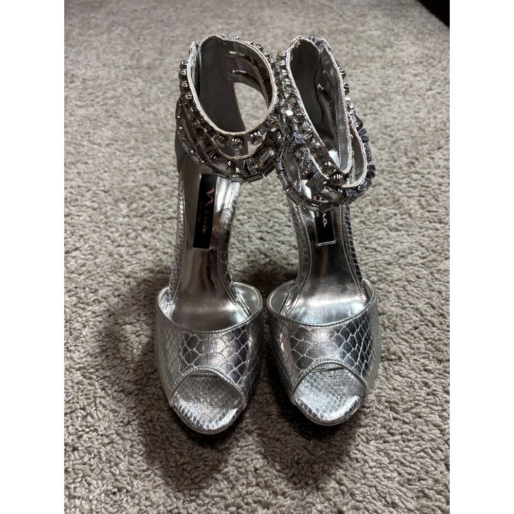 Nina New York Stevi-YY Silver Snakeskin Crystal Ankle Strap Peep Toe Heels